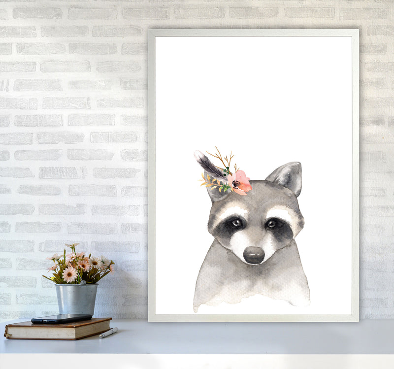 Forest Friends, Floral Cute Raccoon Modern Print Animal Art Print A1 Oak Frame