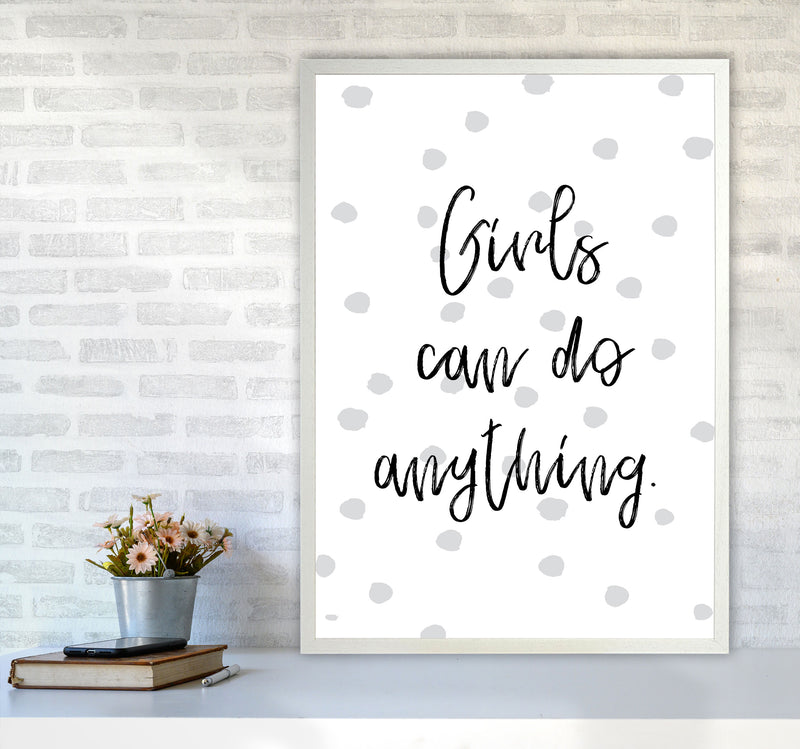 Girls Can Do Anything Grey Polka Dots Framed Typography Wall Art Print A1 Oak Frame