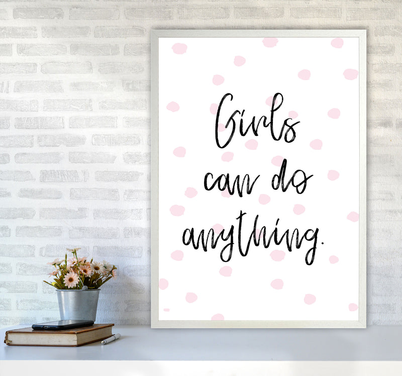 Girls Can Do Anything Pink Polka Dots Framed Typography Wall Art Print A1 Oak Frame