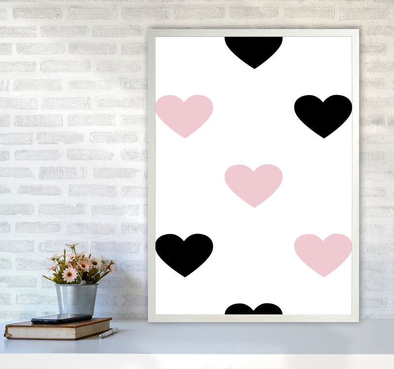 Pink And Black Hearts Modern Print A1 Oak Frame