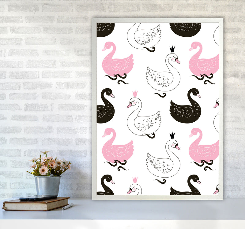 Pink Black And White Swan Pattern Modern Print Animal Art Print A1 Oak Frame