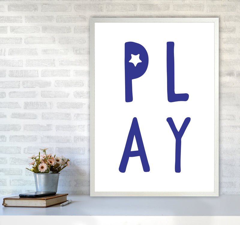 Play Navy Framed Typography Wall Art Print A1 Oak Frame