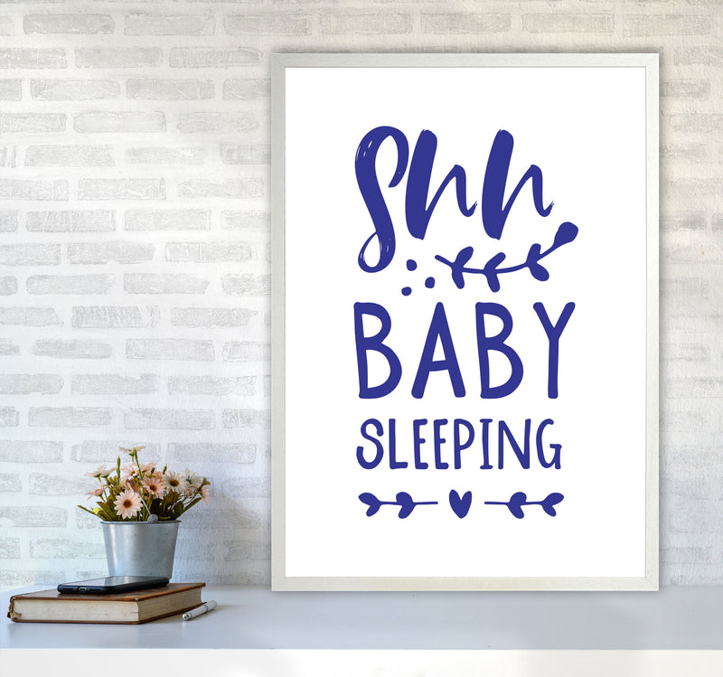 Shh Baby Sleeping Navy Framed Nursey Wall Art Print A1 Oak Frame