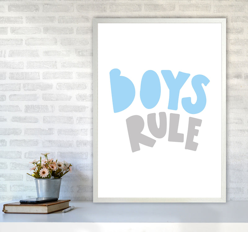 Boys Rule Grey And Light Blue Framed Typography Wall Art Print A1 Oak Frame