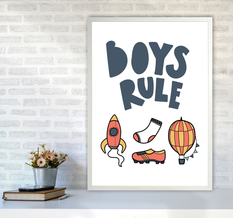 Boys Rule Illustrations Framed Nursey Wall Art Print A1 Oak Frame