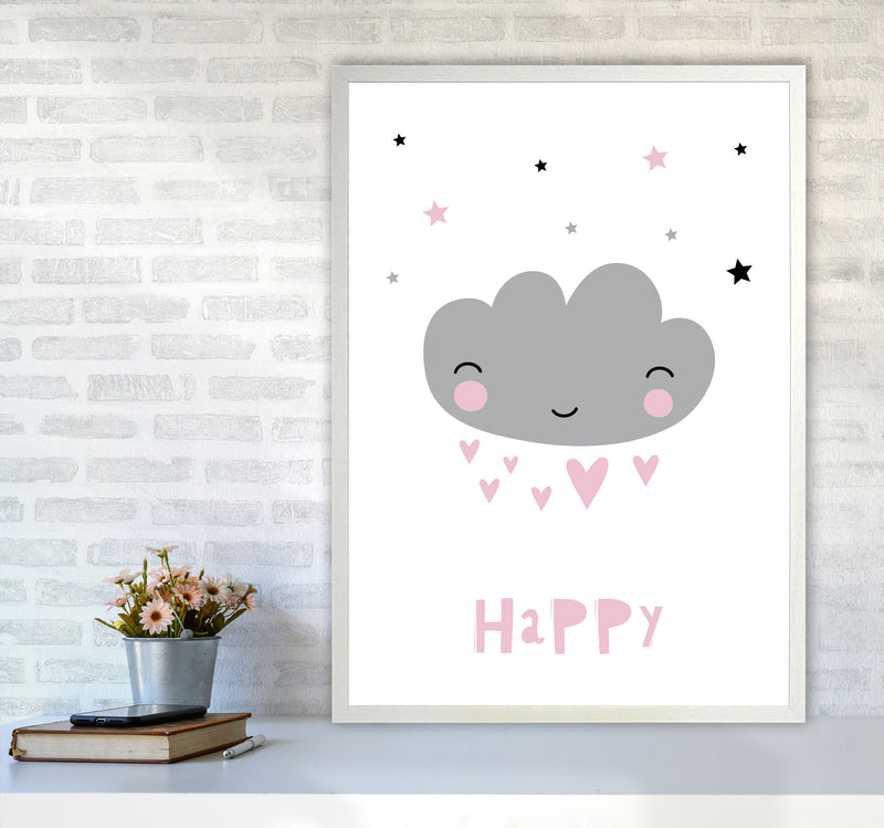 Happy Cloud Framed Nursey Wall Art Print A1 Oak Frame