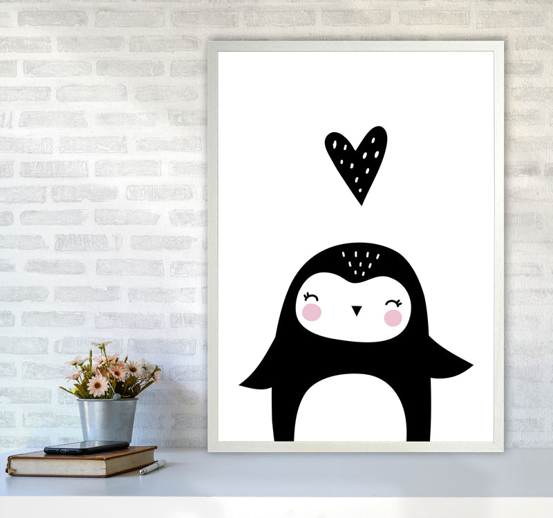 Penguin And Heart Modern Print Animal Art Print A1 Oak Frame