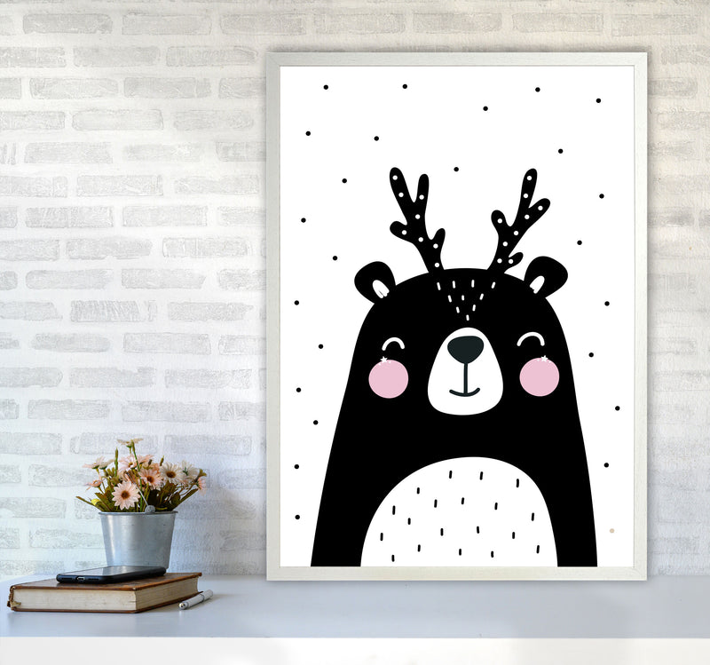 Black Bear With Antlers Modern Print Animal Art Print A1 Oak Frame