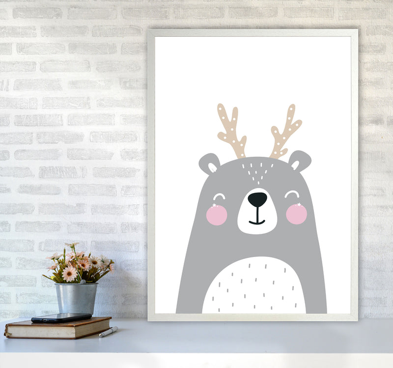 Grey Bear With Antlers Modern Print Animal Art Print A1 Oak Frame