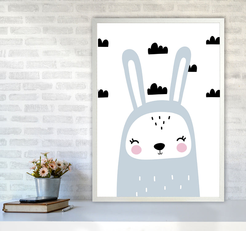 Blue Scandi Bunny With Clouds Modern Print Animal Art Print A1 Oak Frame