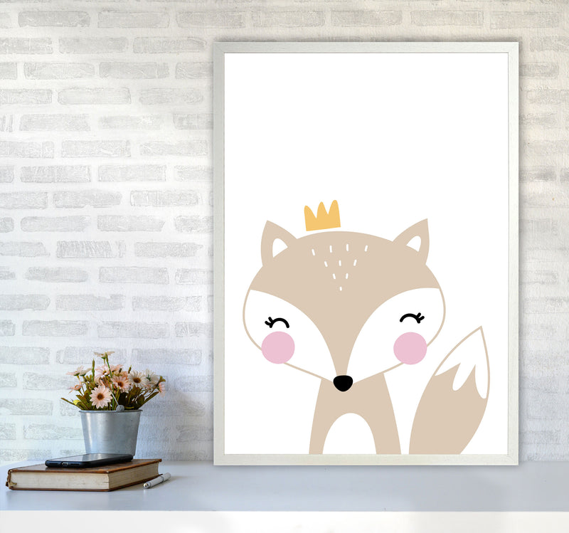 Scandi Beige Fox With Crown Framed Nursey Wall Art Print A1 Oak Frame