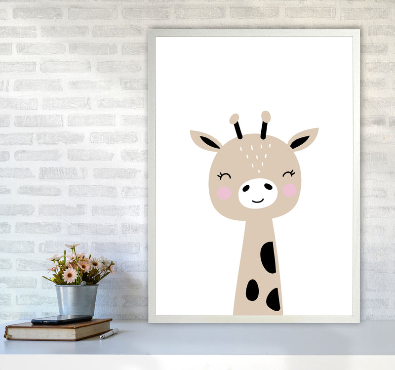 Scandi Brown Giraffe Framed Nursey Wall Art Print A1 Oak Frame