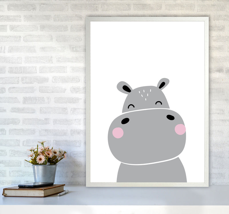 Scandi Hippo Framed Nursey Wall Art Print A1 Oak Frame