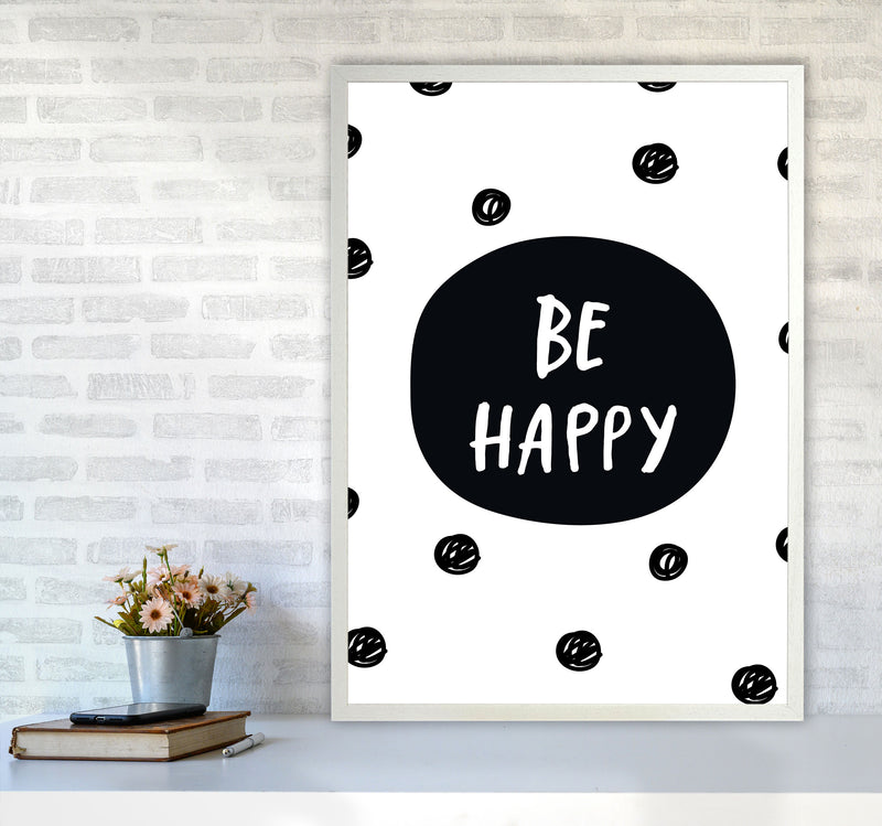 Be Happy Polka Dot Framed Typography Wall Art Print A1 Oak Frame