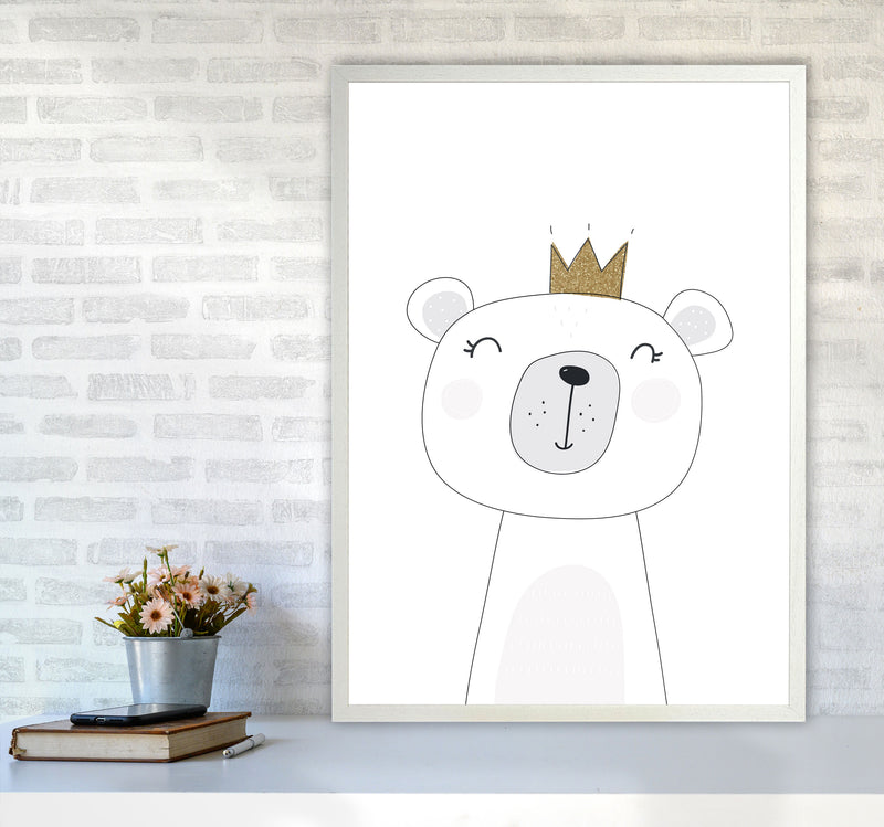 Scandi Cute Bear With Crown Framed Nursey Wall Art Print A1 Oak Frame