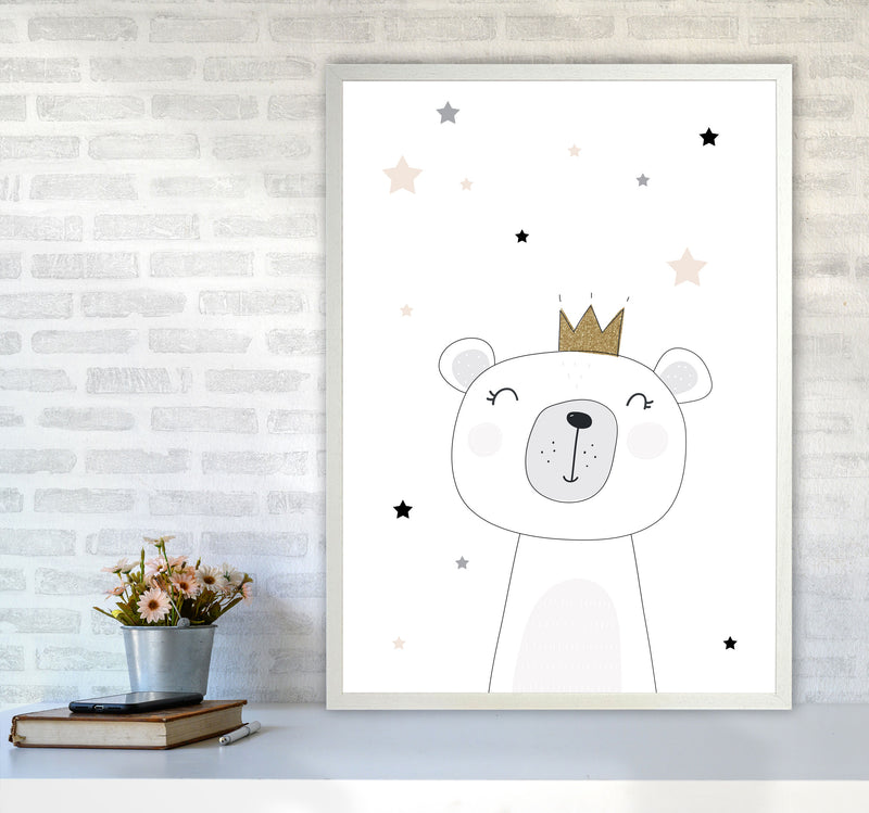 Scandi Cute Bear With Crown And Stars Print, Framed Childrens Wall Art A1 Oak Frame