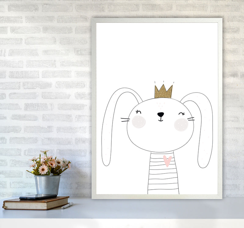 Scandi Cute Bunny With Crown Framed Nursey Wall Art Print A1 Oak Frame