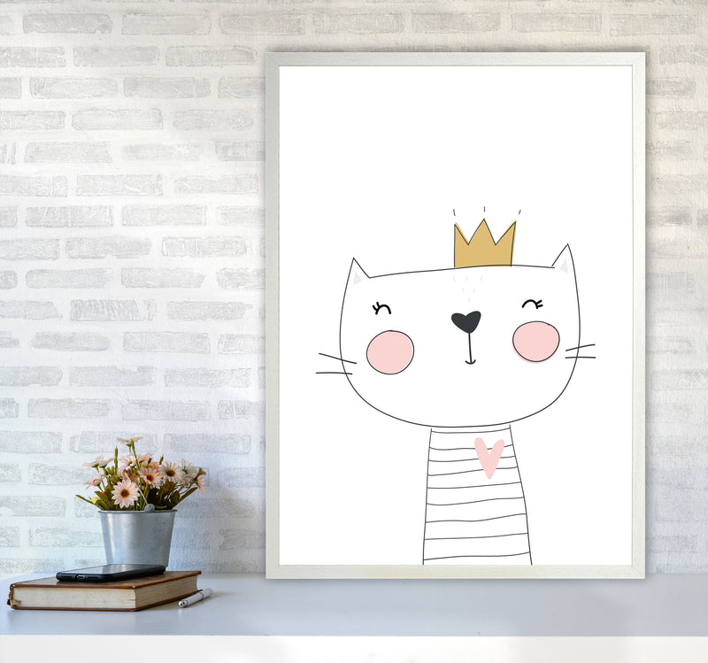 Scandi Cute Cat With Crown Framed Nursey Wall Art Print A1 Oak Frame