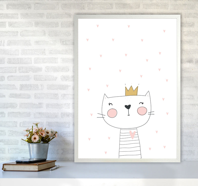 Scandi Cute Cat With Crown And Stars Framed Nursey Wall Art Print A1 Oak Frame