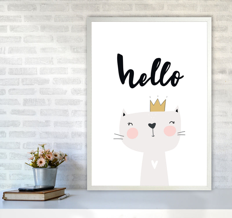 Hello Scandi Cat Modern Print Animal Art Print A1 Oak Frame