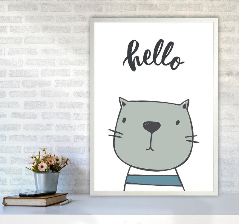 Hello Cat Modern Print Animal Art Print A1 Oak Frame
