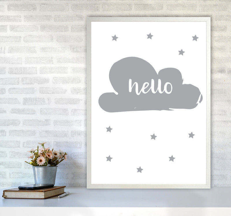 Hello Cloud Grey Framed Nursey Wall Art Print A1 Oak Frame