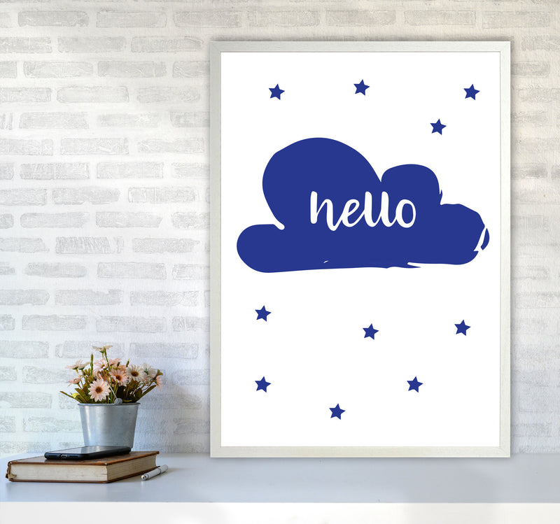 Hello Cloud Navy Framed Nursey Wall Art Print A1 Oak Frame