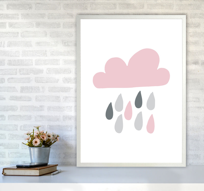 Pink And Grey Rain Cloud Framed Nursey Wall Art Print A1 Oak Frame