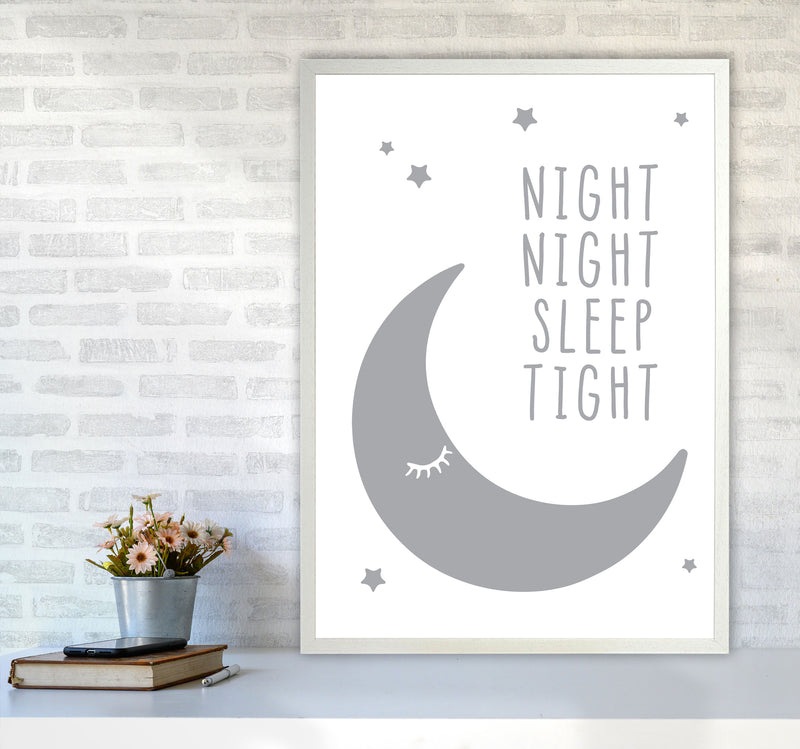 Night Night Moon Grey Framed Nursey Wall Art Print A1 Oak Frame