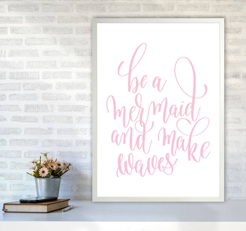 Be A Mermaid Pink Framed Typography Wall Art Print A1 Oak Frame