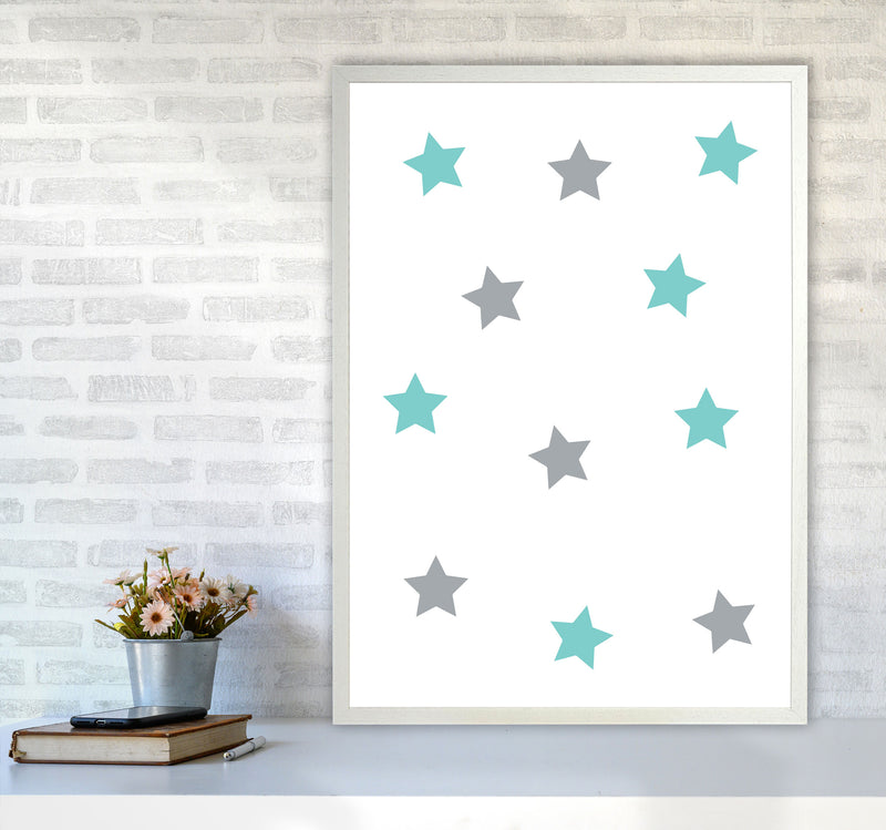 Mint And Grey Stars Framed Nursey Wall Art Print A1 Oak Frame