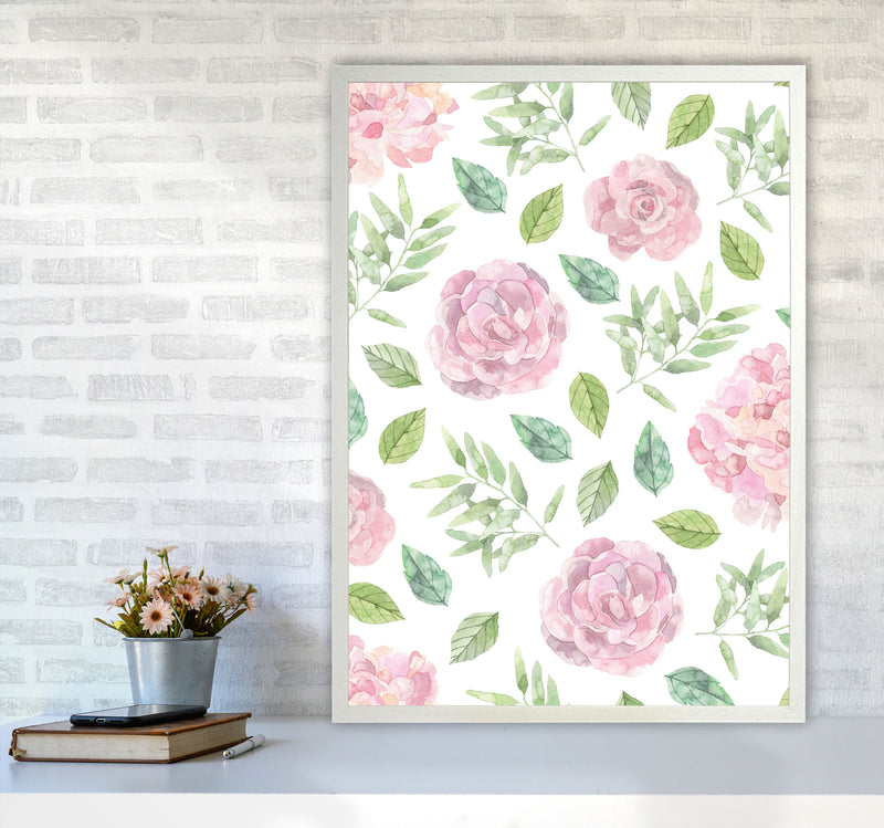 Pink Floral Repeat Pattern Modern Print, Framed Botanical & Nature Art Print A1 Oak Frame