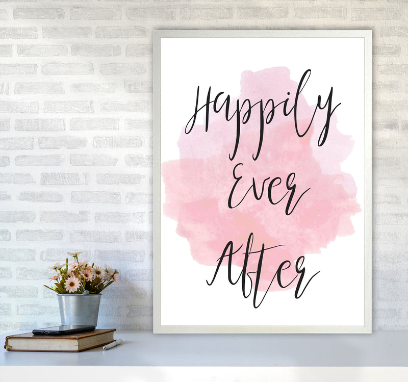 Happily Ever After Pink Watercolour Modern Print A1 Oak Frame