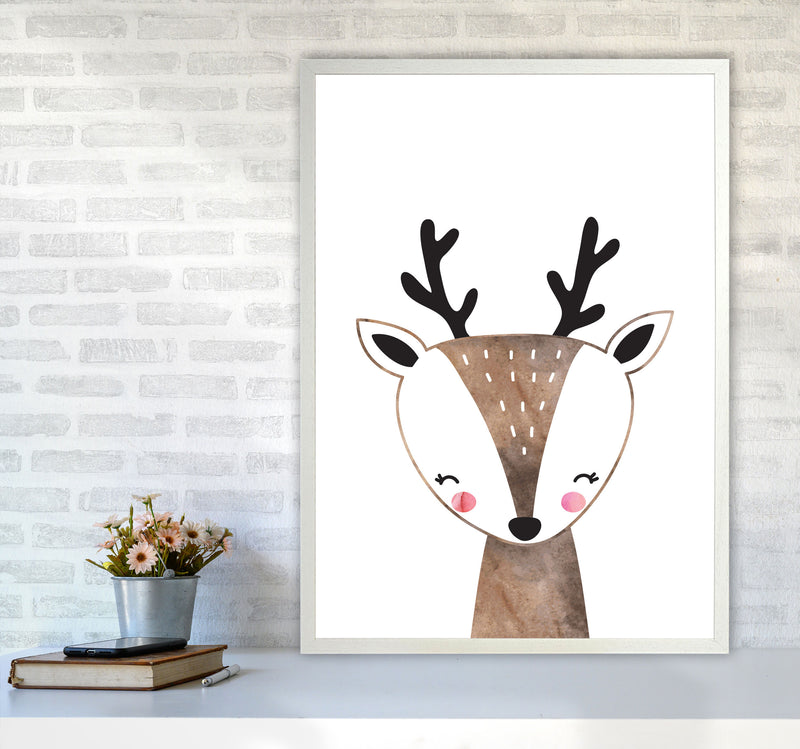 Scandi Brown Deer Watercolour Framed Nursey Wall Art Print A1 Oak Frame