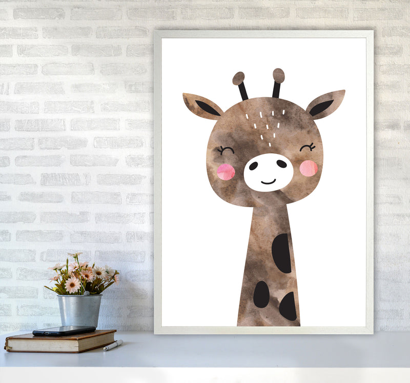 Scandi Brown Giraffe Watercolour Framed Nursey Wall Art Print A1 Oak Frame