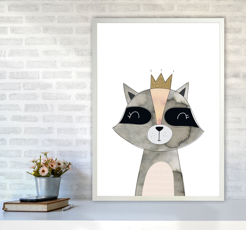 Scandi Grey Raccoon Watercolour Framed Nursey Wall Art Print A1 Oak Frame