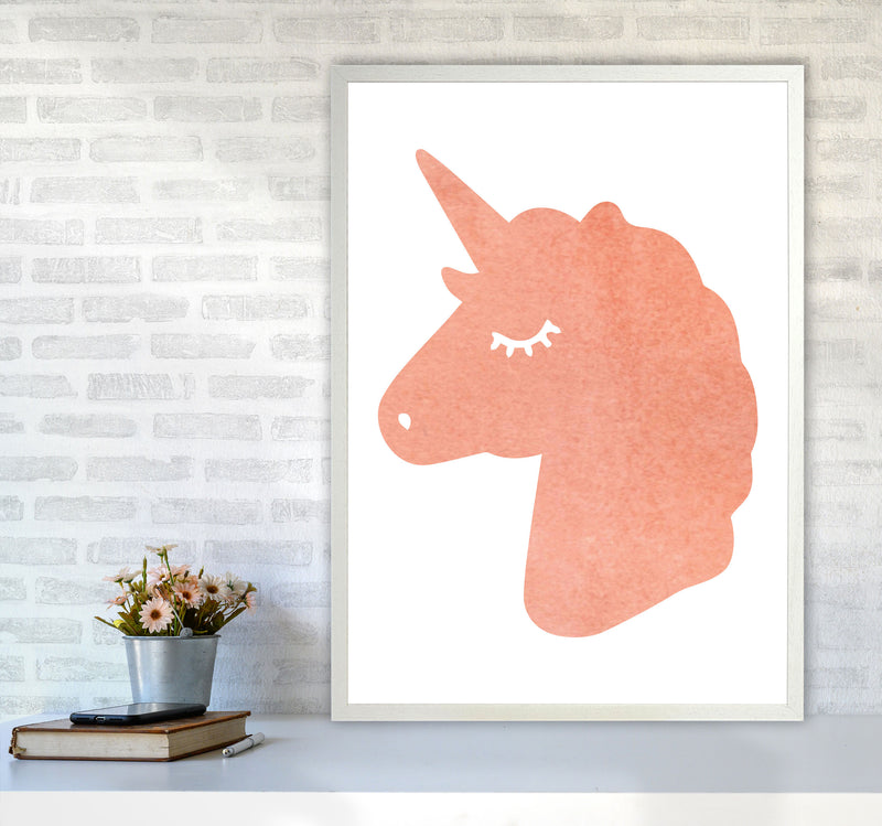 Unicorn Peach Silhouette Watercolour Modern Print A1 Oak Frame