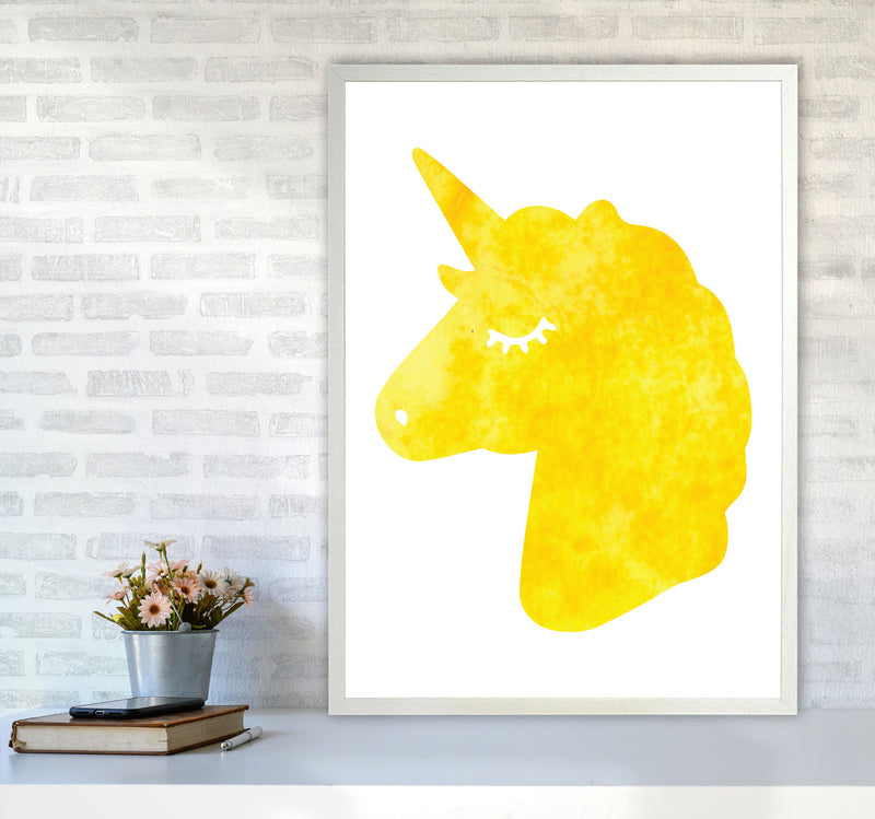 Unicorn Yellow Silhouette Watercolour Modern Print A1 Oak Frame