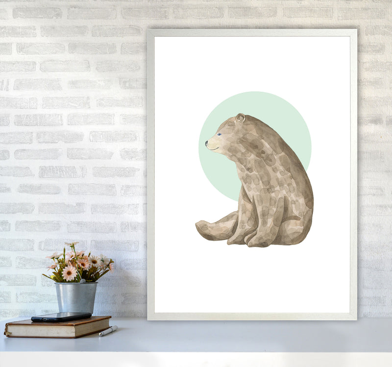Watercolour Bear With Green Circle Modern Print Animal Art Print A1 Oak Frame