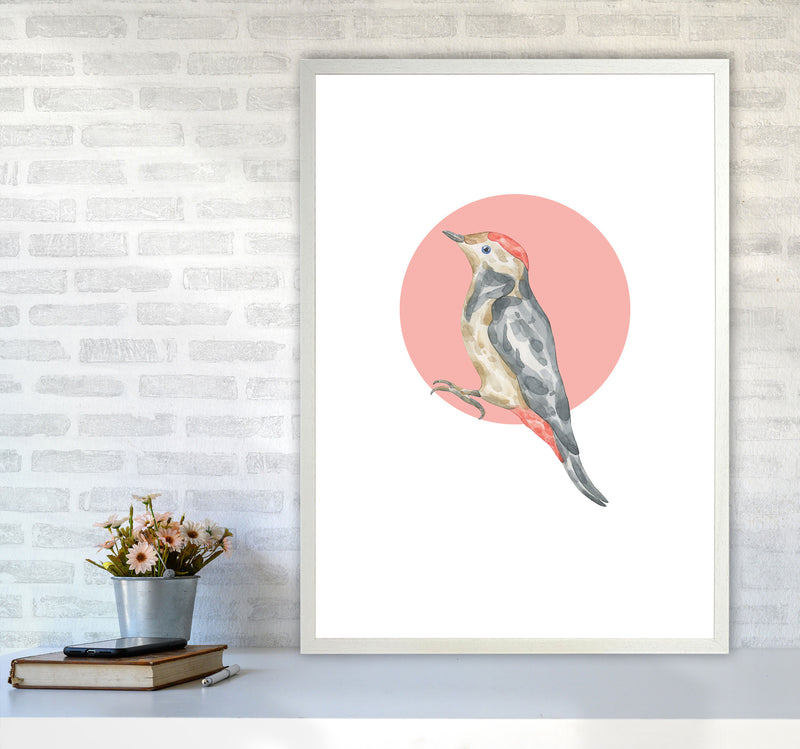 Watercolour Bird With Red Circle Modern Print Animal Art Print A1 Oak Frame