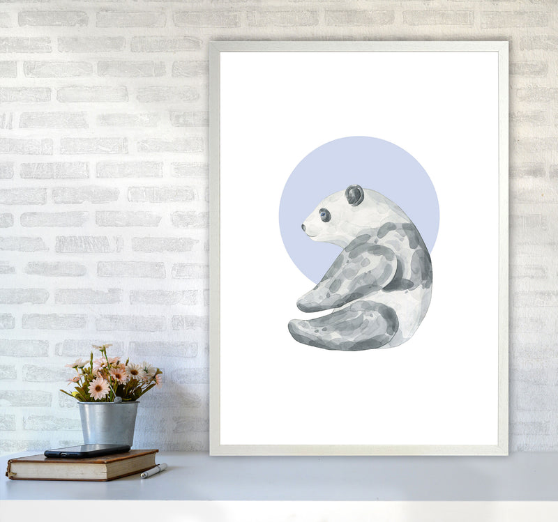 Watercolour Panda With Blue Circle Modern Print, Animal Art Print A1 Oak Frame