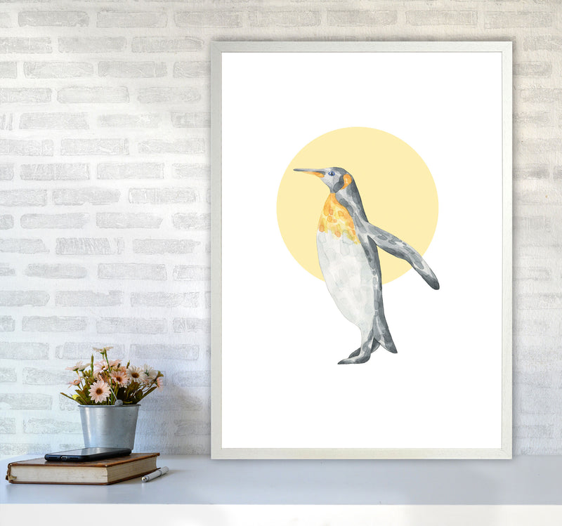 Watercolour Penguin With Yellow Circle Modern Print, Animal Art Print A1 Oak Frame