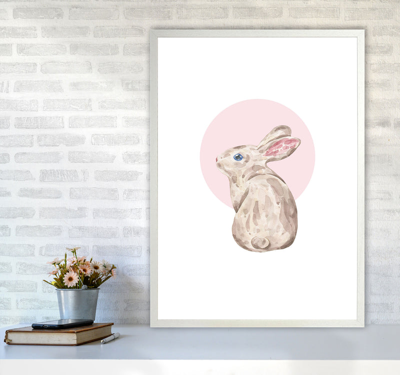 Watercolour Bunny With Pink Circle Modern Print, Animal Art Print A1 Oak Frame