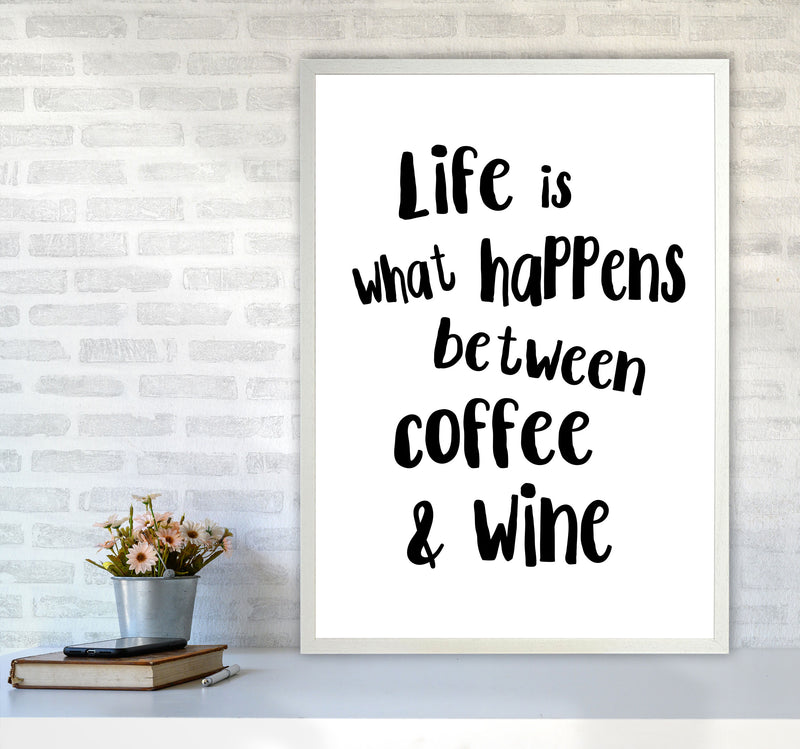 Life Is What Happens Between Coffee & Wine Modern Print, Kitchen Wall Art A1 Oak Frame
