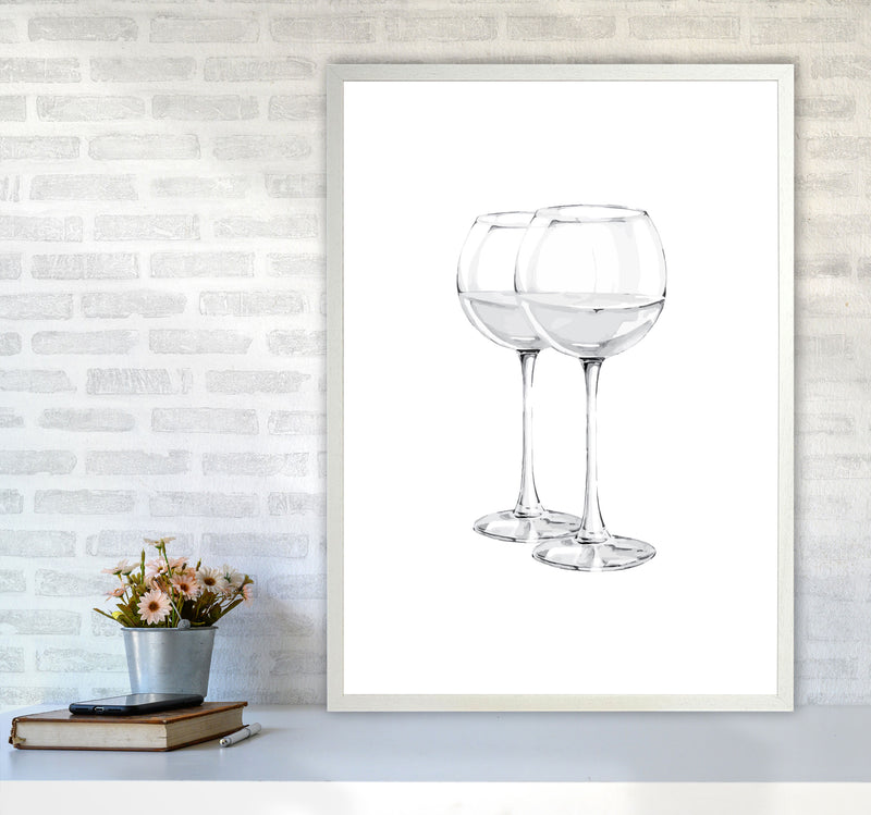 White Wine Glasses Modern Print, Framed Kitchen Wall Art A1 Oak Frame