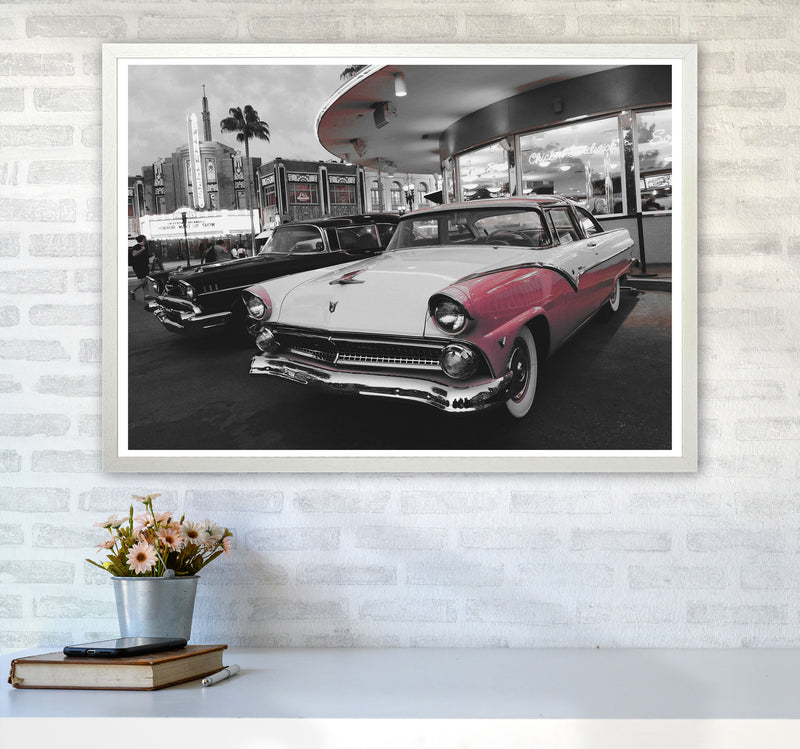 Vintage Pink And White Car Modern Print A1 Oak Frame