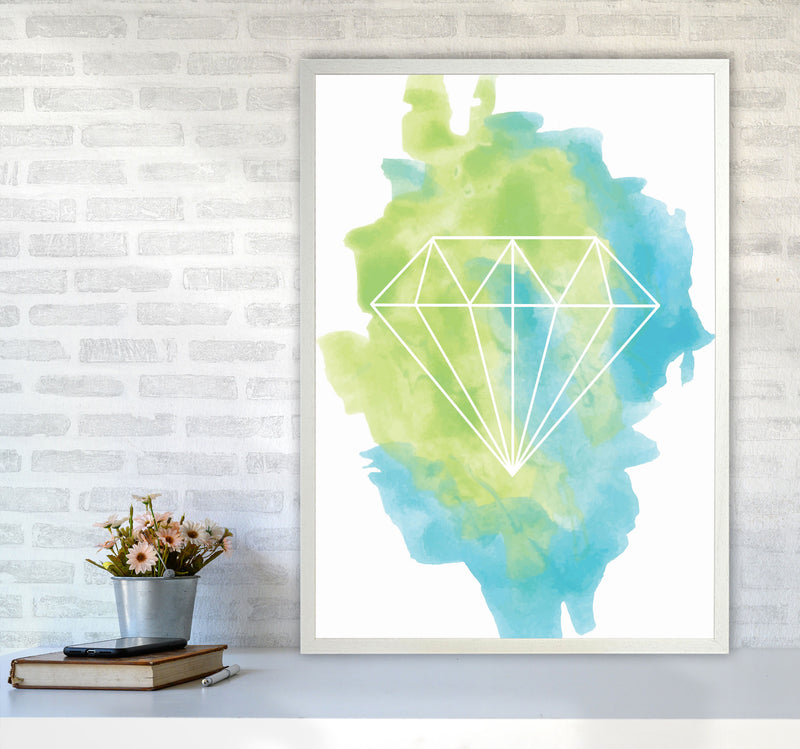 Geo Diamond Turquoise Multi Watercolour Modern Print A1 Oak Frame