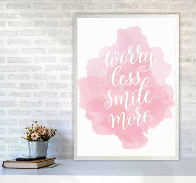 Worry Less Smile More Pink Watercolour Modern Print A1 Oak Frame