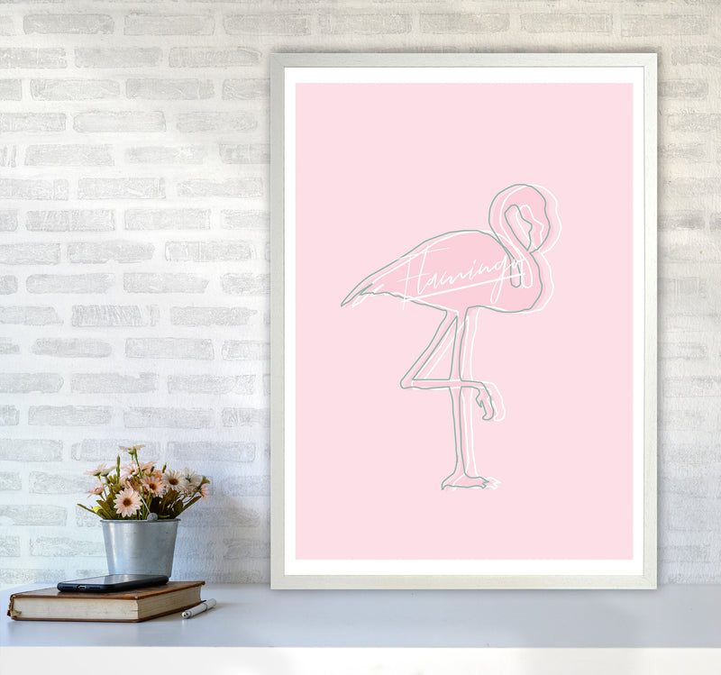 Pink Flamingo Modern Print Animal Art Print A1 Oak Frame