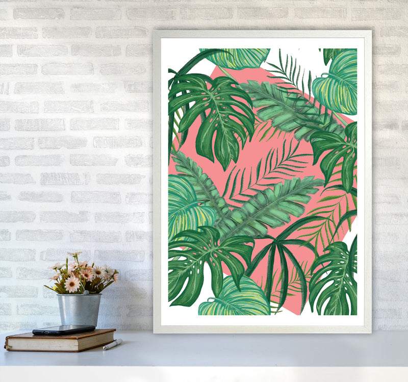Abstract Leaves With Pink Background Modern Print, Framed Botanical Nature Art A1 Oak Frame